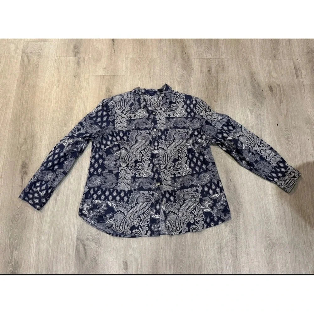Chaps Plus Size 1X Blue & White Paisley Bandana Print Button Up Preppy Boho Chic